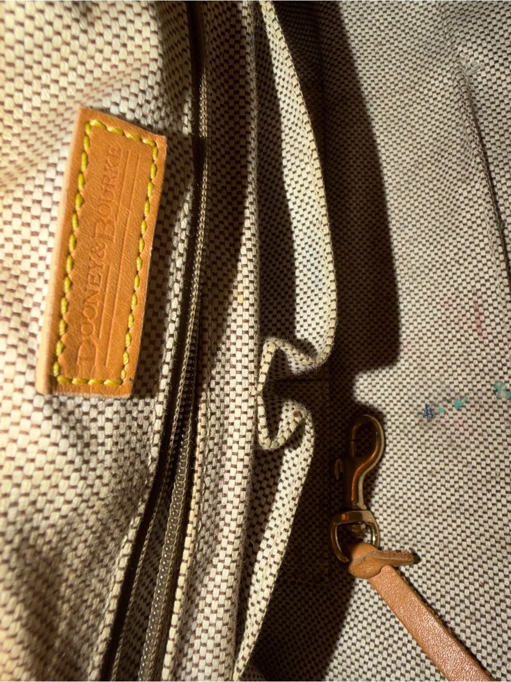 Dooney & Bourke Beige Monogram Shoulder Bag with Tan Leather Trim